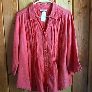 Coldwater Creek 100% Flax Linen Pink Button Up Blouse | Long Sleeve Ruffle |